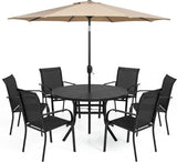 SUNCROWN 8 - Piece Outdoor Dining Set, Patio Furniture Set with 6 Textilene Dinning Chairs, 53" Metal Round Table and 1 Brown 9Ft Patio Umbrella for Lawn Garden Backyard Deck, Black