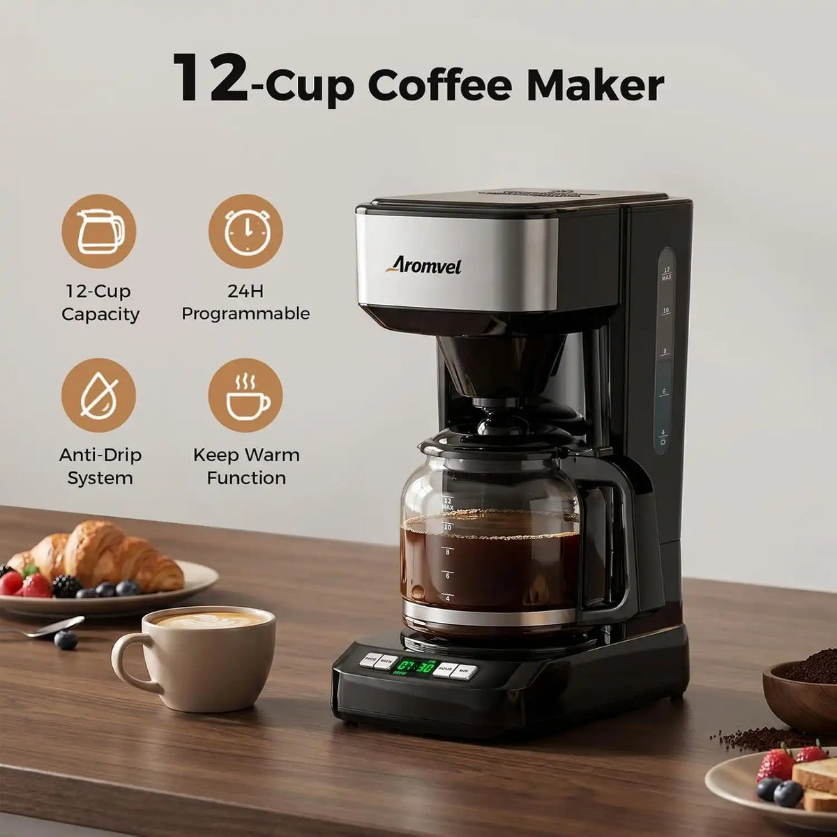 12 Cup Coffee Maker,Large 1.8L Water Tank Drip Coffee Machine