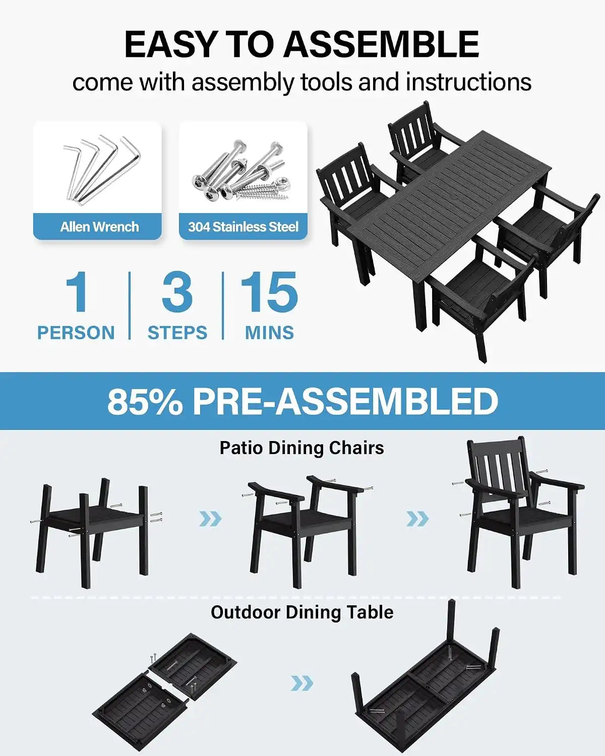 YEFU 5-Piece Patio Table Set, All-Weather HIPS, Metal Aluminum Frame, Black
