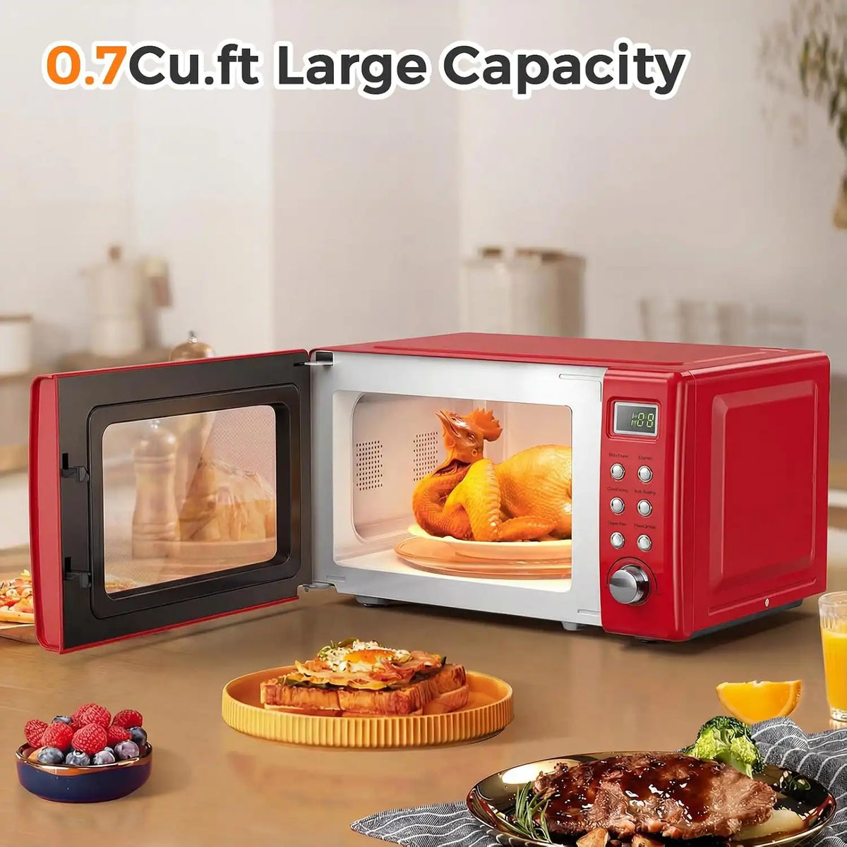 LDAILY 0.7Cu.ft Retro Small Microwave Oven, 700W Compact Countertop Microwave with 5 Power Levels, Auto Cooking Menus, Glass Turntable, Child Lock & Glass Turntable for Apartment, Dorm (Red)