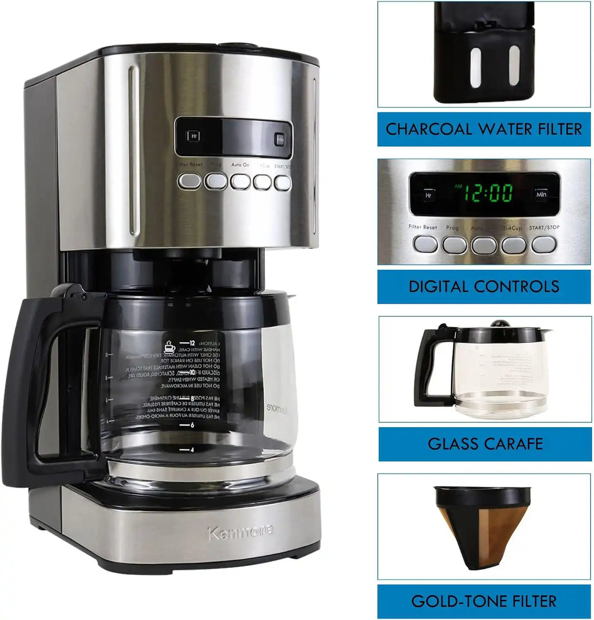 Koolatron Kenmore Elite Drip Coffee Maker - 12-Cup Programmable Coffee Machine With Glass Pot, Pause and Pour, Auto Shut-Off, Large Water Reservoir, Reusable Filter, Dishwasher Safe Carafe, Black