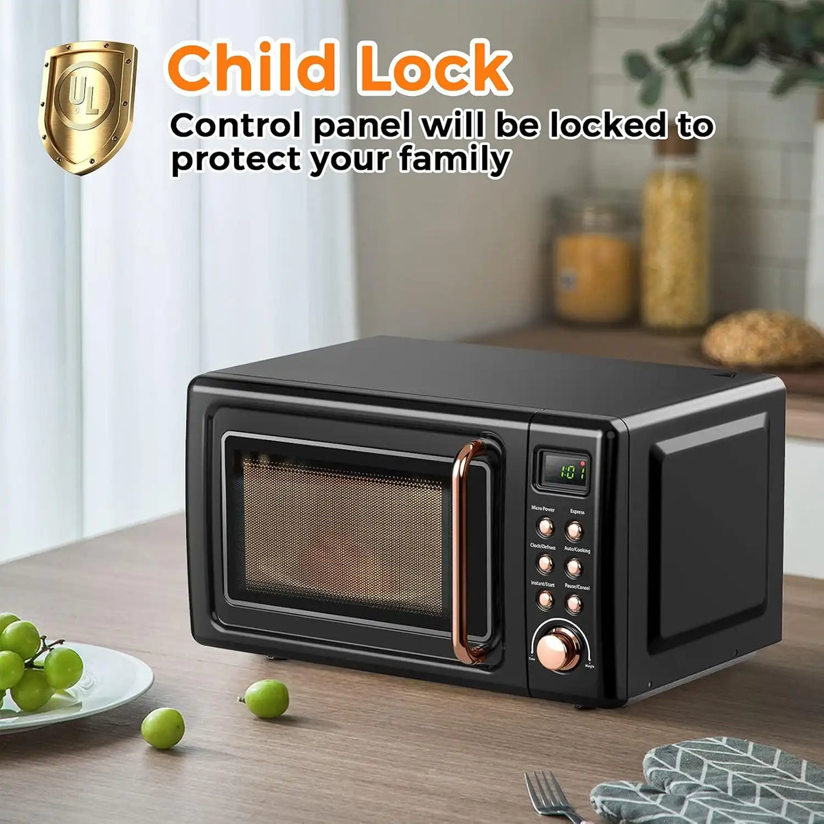 LDAILY 0.7Cu.ft Retro Small Microwave Oven, 700W Compact Countertop Microwave with 5 Power Levels, Auto Cooking Menus, Glass Turntable, Child Lock & Glass Turntable for Apartment, Dorm (Golden)