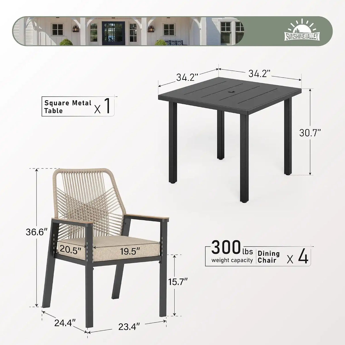 SUNSHINE VALLEY 5pc Patio Dining Set, 34.2" Square Table & 4 Rattan Chairs