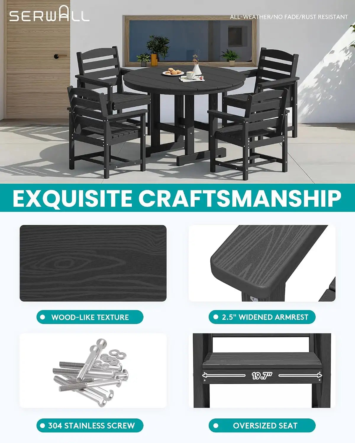 SERWALL 5-Piece HDPE Round Dining Set, 45" Table, 4 Chairs, Black