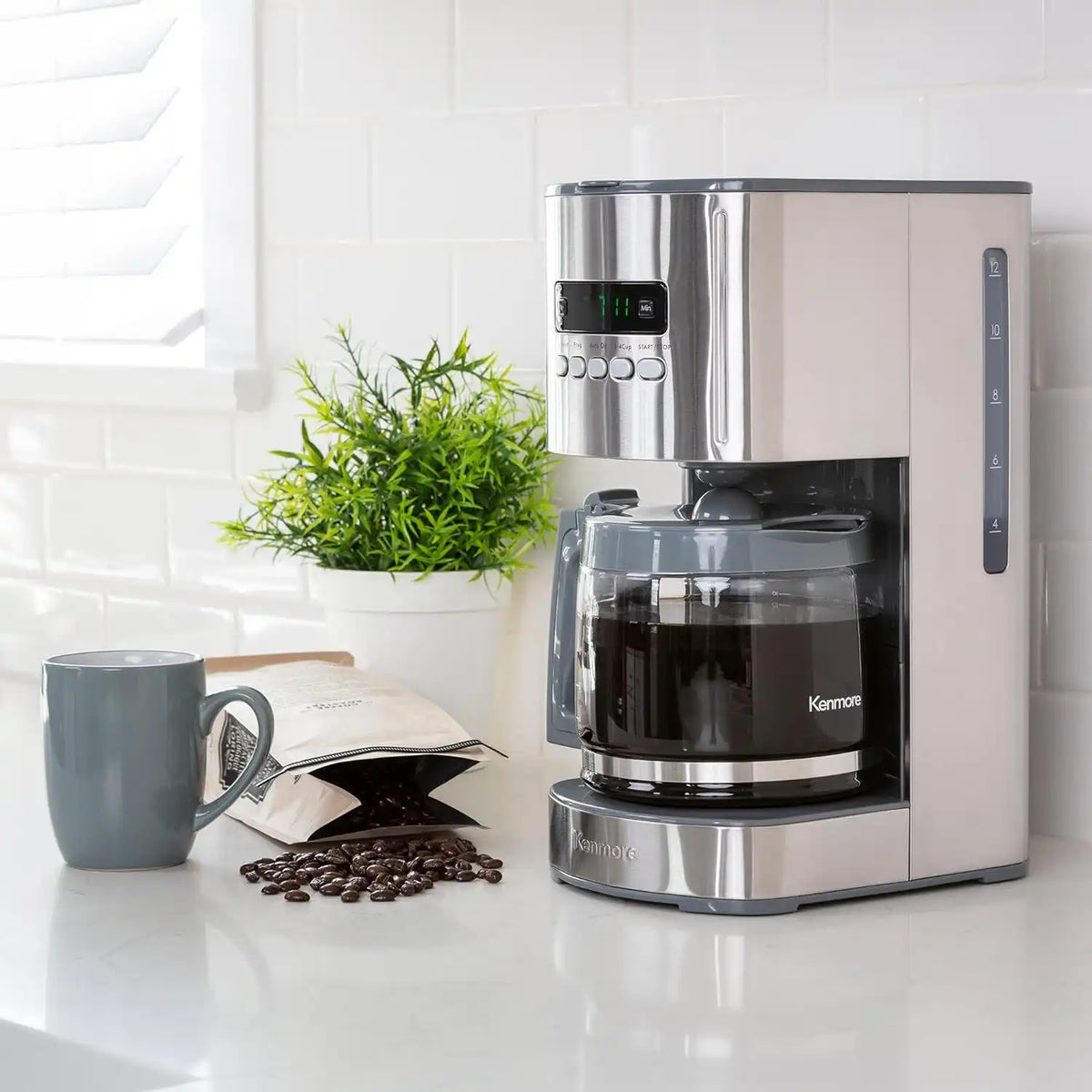 Koolatron Kenmore 12-Cup Programmable Coffee Maker, Glass Carafe, Gray