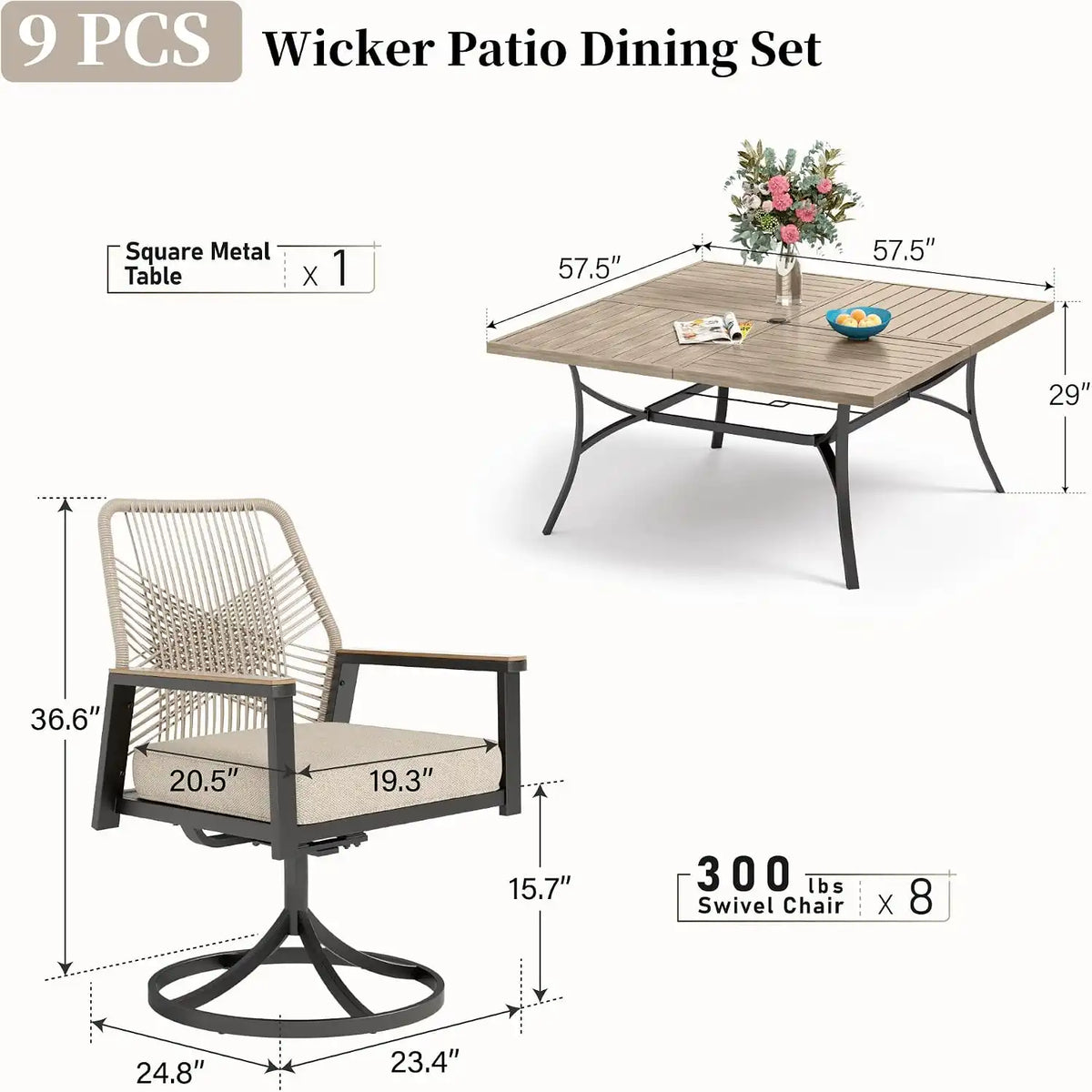 SUNSHINE VALLEY 9pc Patio Dining Set, 57.5" Square Table & 8 Swivel Chairs