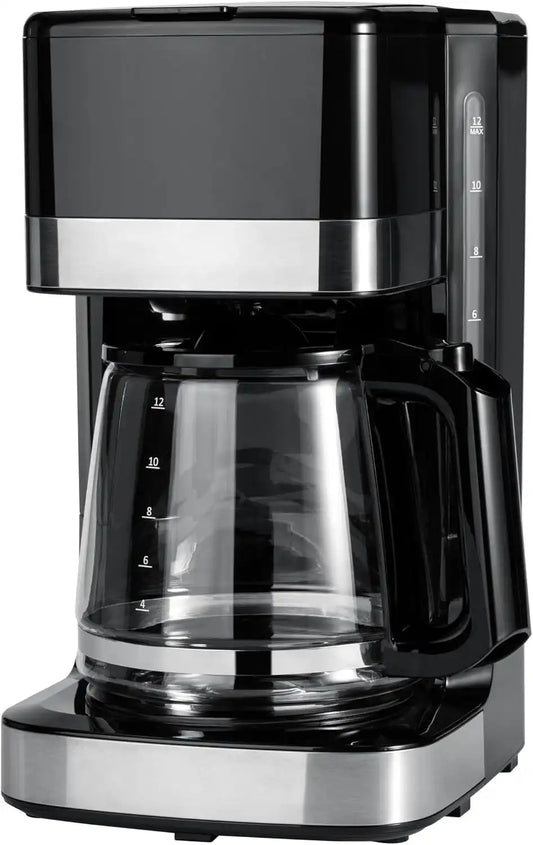 Amazon Basics 12 Cup Drip Coffee Maker with Glass Carafe (1.9 Qt), Auto Shut-off, Auto Pause, Removable Filter Basket, Black & Silver