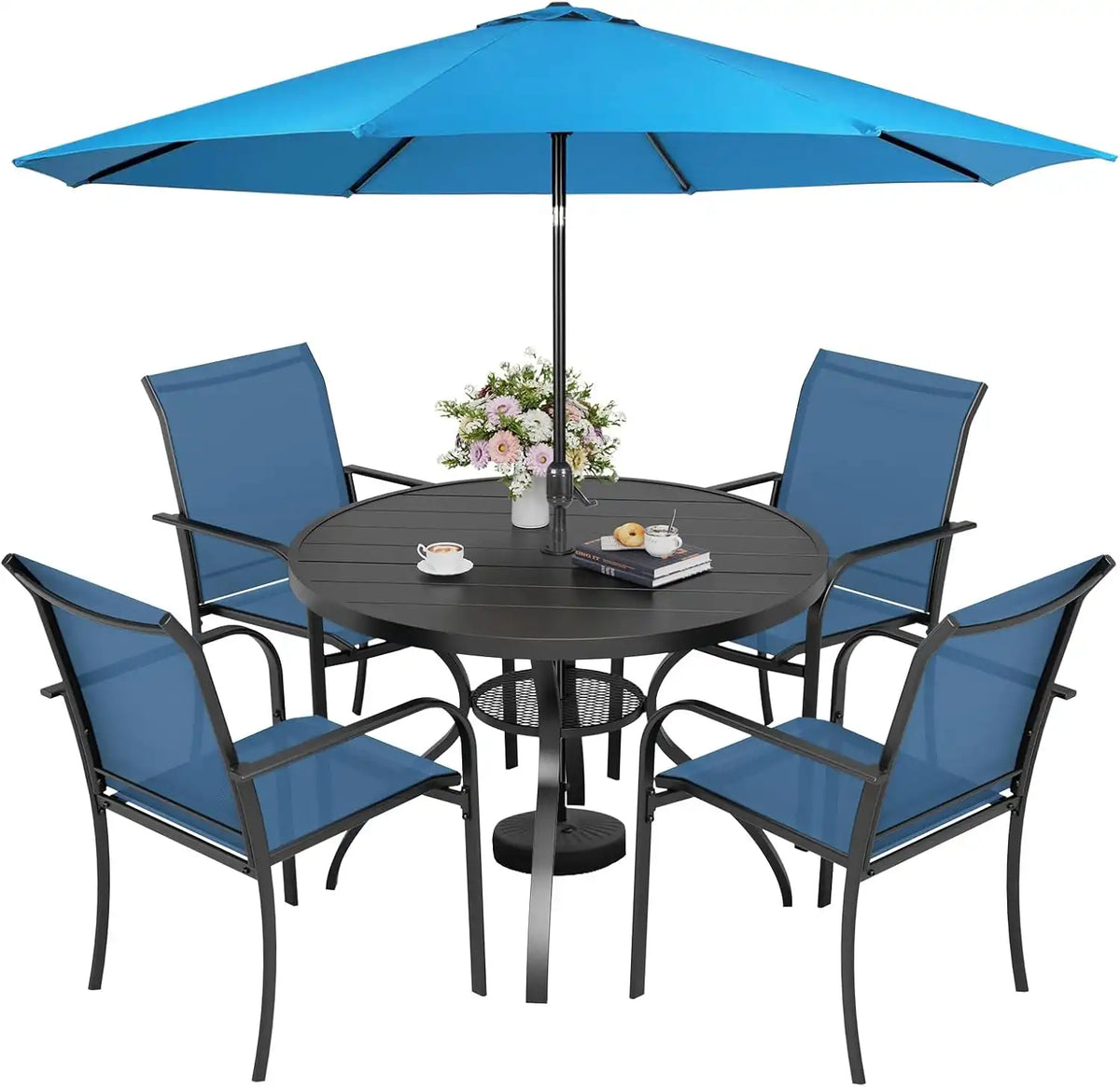SUNCROWN 6 - Piece Outdoor Dining Set, Patio Furniture Set with 4 Textilene Dinning Chairs, 41" Metal Round Table and 1 Sky Blue 9Ft Patio Umbrella for Lawn Garden Backyard Deck, Blue