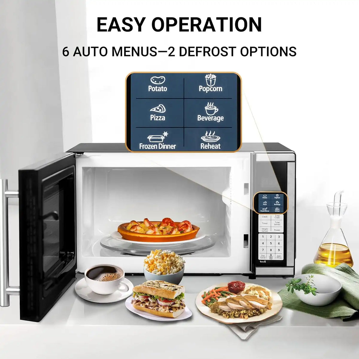Smad 0.7 Cu.Ft Small Microwave, Countertop Microwave Oven with Removable Turntable, 6 Auto Menus and Child Lock, Mini Oven microondas for Apartments, Dorm and Kitchen, Stainless Steel, 700W