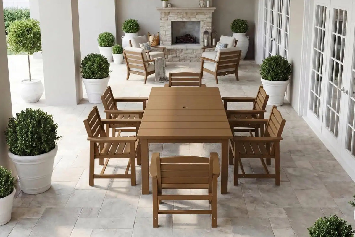 Perli™ 7-Piece Outdoor Dining Set, All-Weather HDPE Patio Furniture with 6 Ergonomic Chairs & Large Table, Built-in Umbrella Hole, UV-Resistant Set for Backyard, Deck, Poolside, Brown