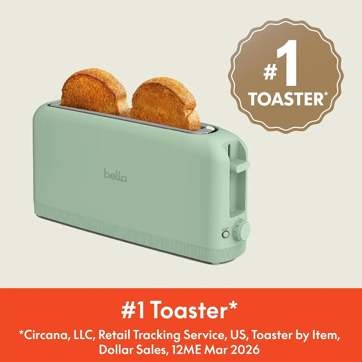 bella 2 Slice Slim Toaster, Fits-anywhere™ Kitchenware, 6 Setting Shade Control with Reheat & Cancel Buttons, Fits Sourdough, 10” Long Slot, Anti Jam & Auto Shutoff, 900 Watt, Seaglass