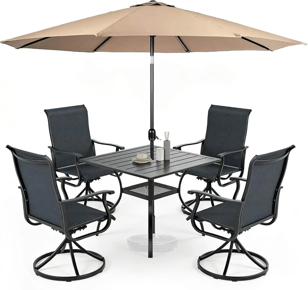 SUNCROWN 6-Piece Outdoor Dining Set, All Weather Patio Furniture Sets with 4 Black Swivel Textilene Mesh Chairs & Square Metal Table & 1 Brown 9Ft Umbrella for Deck Garden Backyard Poolside