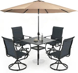 SUNCROWN 6-Piece Outdoor Dining Set, All Weather Patio Furniture Sets with 4 Black Swivel Textilene Mesh Chairs & Square Metal Table & 1 Brown 9Ft Umbrella for Deck Garden Backyard Poolside