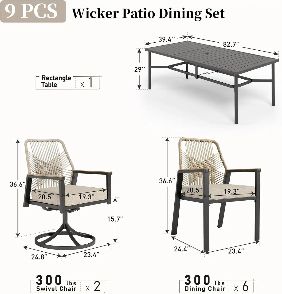 SUNSHINE VALLEY 9pc Patio Dining Set, 83" Metal Table & 8 Rattan Chairs