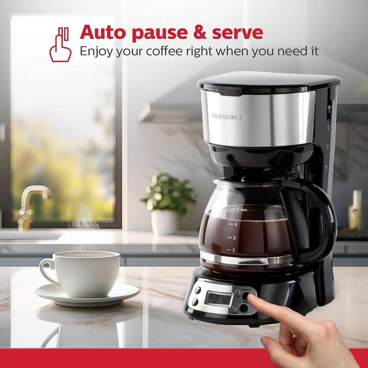 Holstein Housewares 5-Cup Programable Coffee Maker, Convenient and User Friendly, Black and Stainless Steel with Auto Pause and Serve Function, Glass Carafe