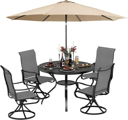 SUNCROWN 6-Piece Outdoor Dining Set, All Weather Patio Furniture Sets with 4 Dark Gray Swivel Textilene Mesh Chairs & Round Metal Table & 1 Brown 9Ft Umbrella for Deck Garden Backyard Poolside