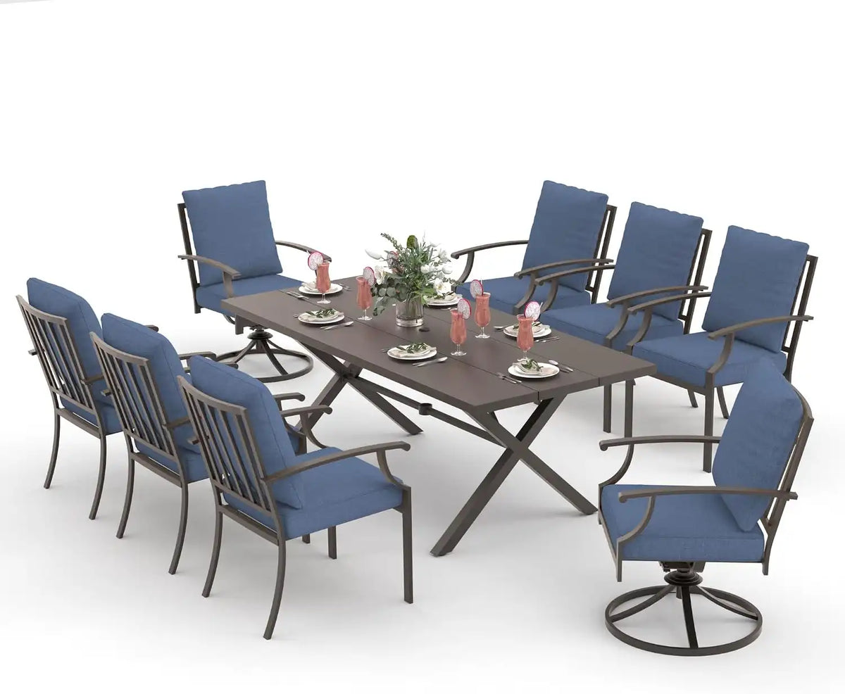 ALAULM 9-Piece Patio Dining Table and Chairs for 8 Outdoor Dining Set with 2 Swivel Chairs Patio Dining Sets with Rectangular Metal Table with Umbrella Hole for Patio, Backyard, Garden-Dark Blue