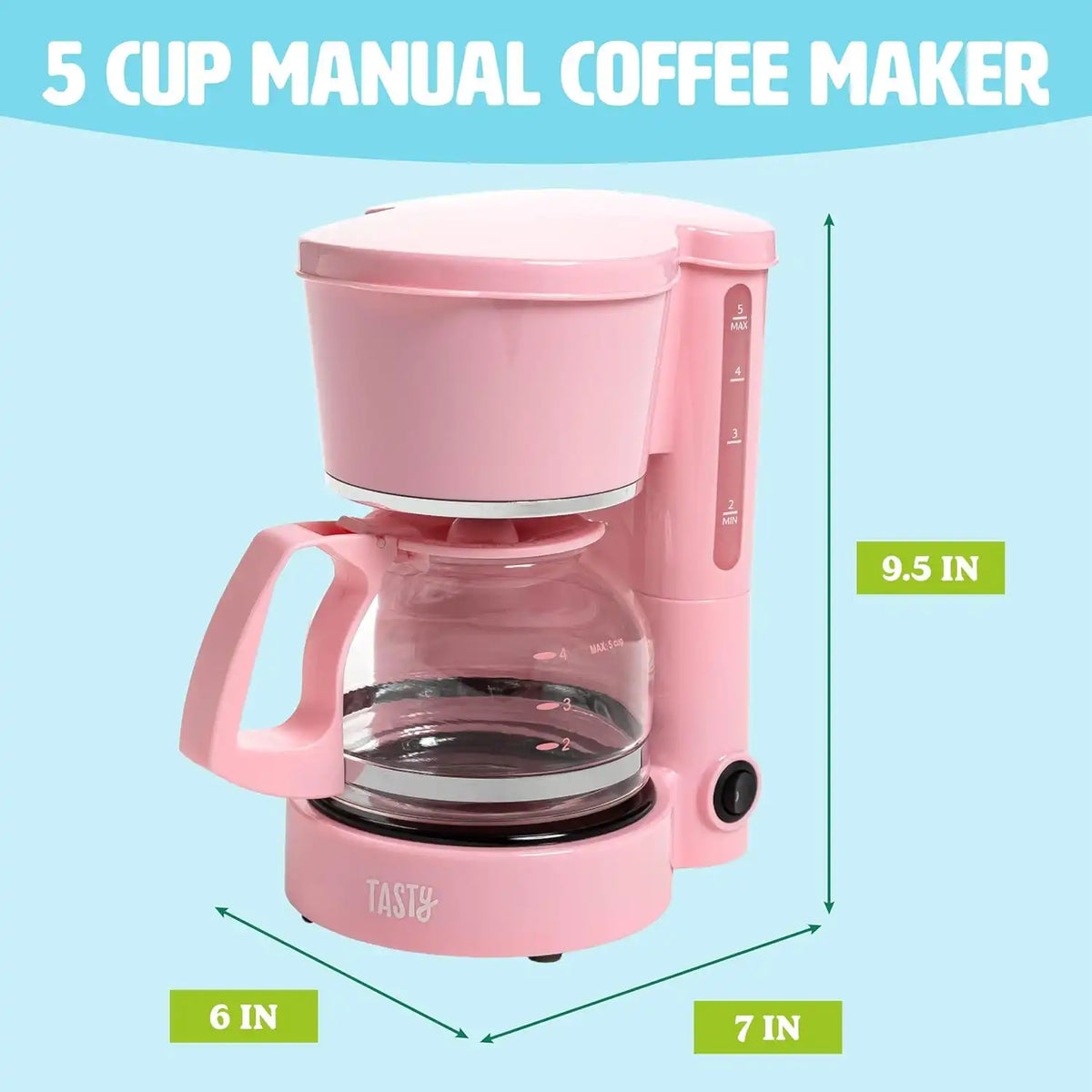 Tasty 5-Cup Coffee Maker with Auto Pause & Pour, Reusable Filter, Easy View Water Reservoir and Warming Plate, Glass Carafe, Compact Brew & Drip Coffee Maker, 5-Cup, Pink