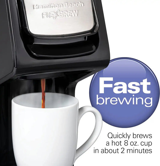 Hamilton Beach 49918 FlexBrew Single-Serve Coffee Maker Compatible with Pod Packs and Grounds, 14 oz, Black, Stainless - Fast Brew
