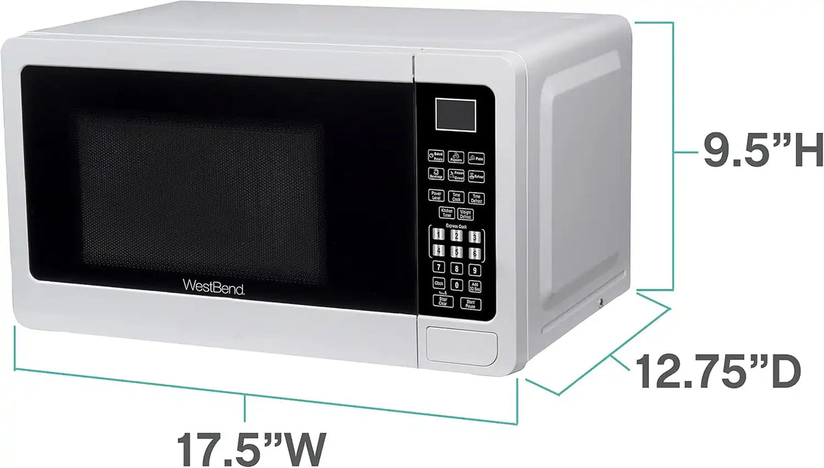 West Bend 0.7 Cu. Ft. Countertop Microwave Oven, 700W with 6 Pre-Programmed Cooking Settings, Speed Defrost, Electronic Control Panel, Rotating Glass Turntable, Add 30 Seconds Button, White