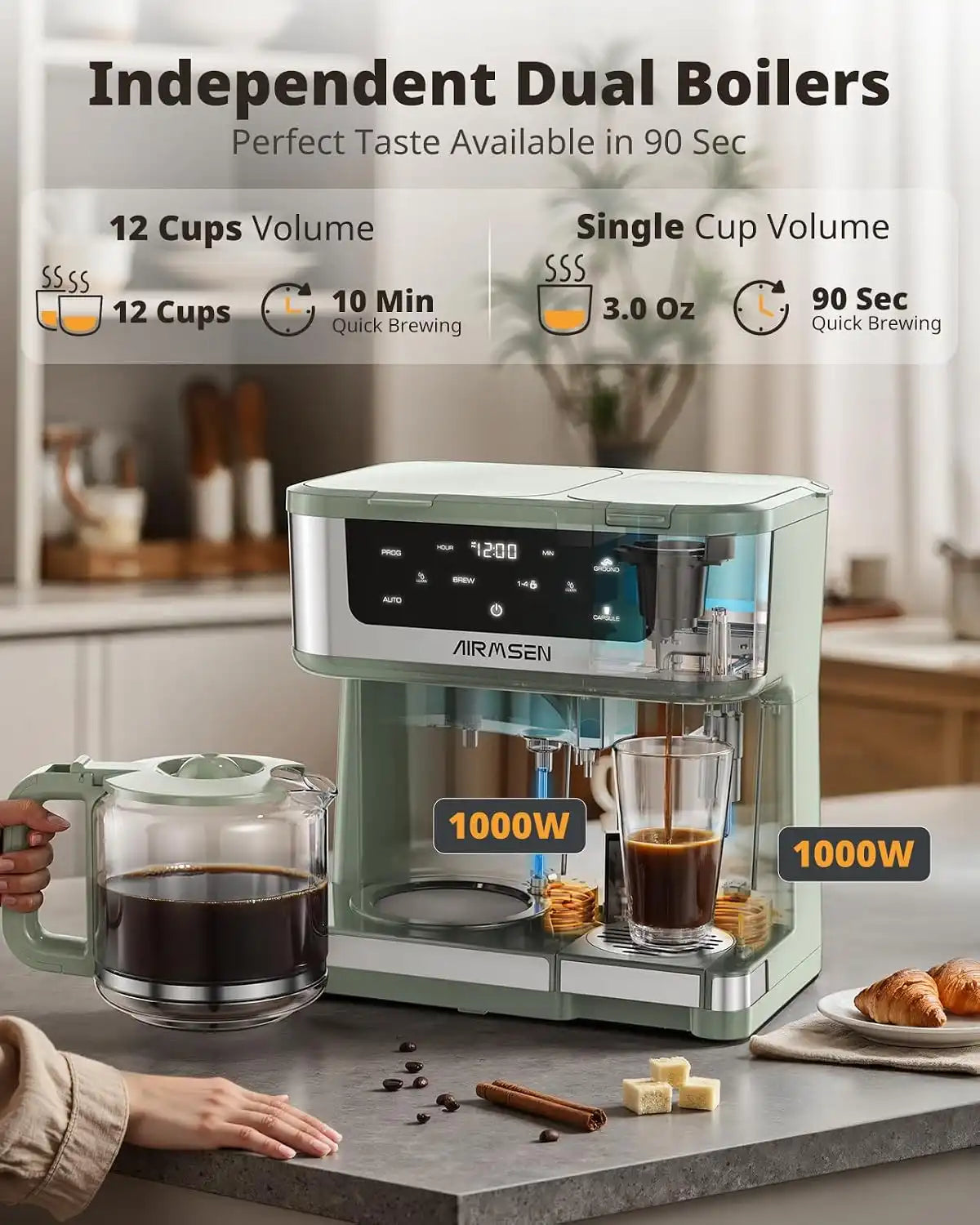 AIRMSEN 12-Cup Programmable Dual Coffee Maker – Single Serve Machine for K-Pods & Ground, 1000W Fast Brew, Delay Start, 2H Keep Warm, Touchscreen, 60oz Tank, Glass Carafe – Home & Office