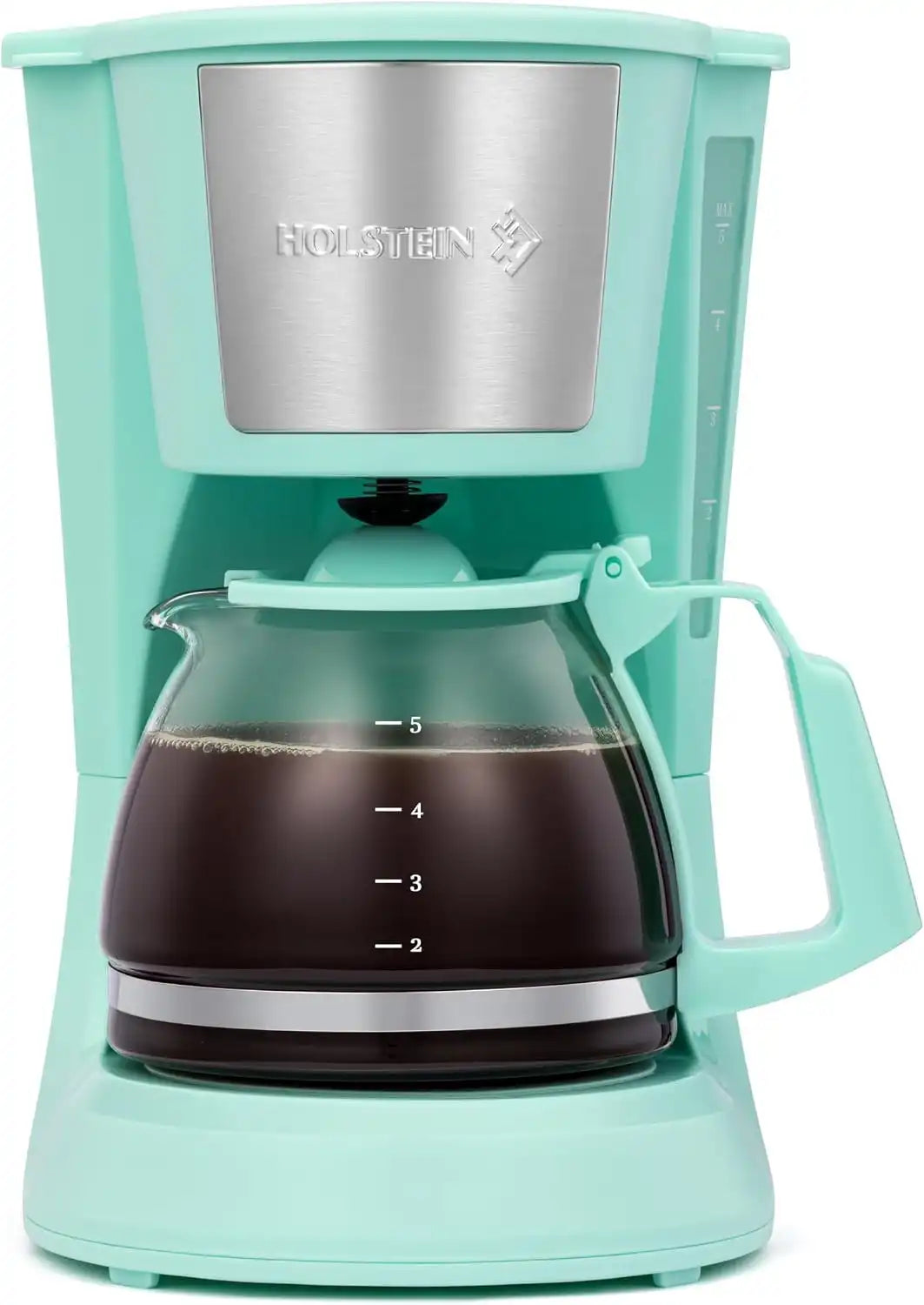 Holstein Housewares 5 Cup Drip Coffee Maker – Compact and User-Friendly with Auto Pause & Serve, Reusable Filter, Measuring Spoon & Glass Carafe, Office & Dorm Use, Mint