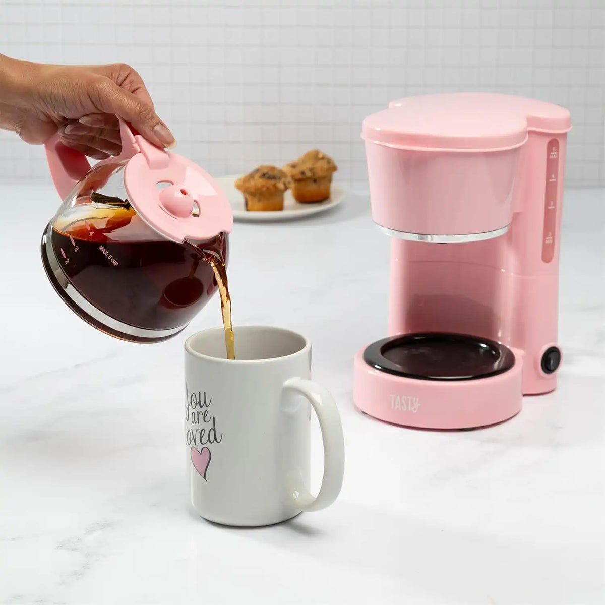 Tasty 5-Cup Coffee Maker with Auto Pause & Pour, Reusable Filter, Easy View Water Reservoir and Warming Plate, Glass Carafe, Compact Brew & Drip Coffee Maker, 5-Cup, Pink
