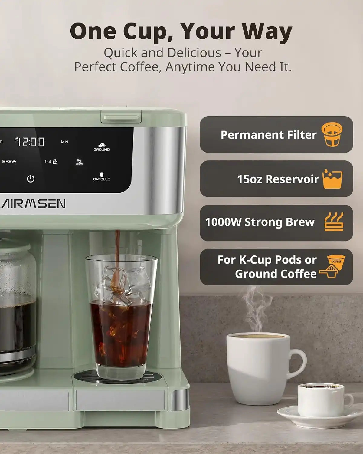 AIRMSEN 12-Cup Programmable Dual Coffee Maker – Single Serve Machine for K-Pods & Ground, 1000W Fast Brew, Delay Start, 2H Keep Warm, Touchscreen, 60oz Tank, Glass Carafe – Home & Office