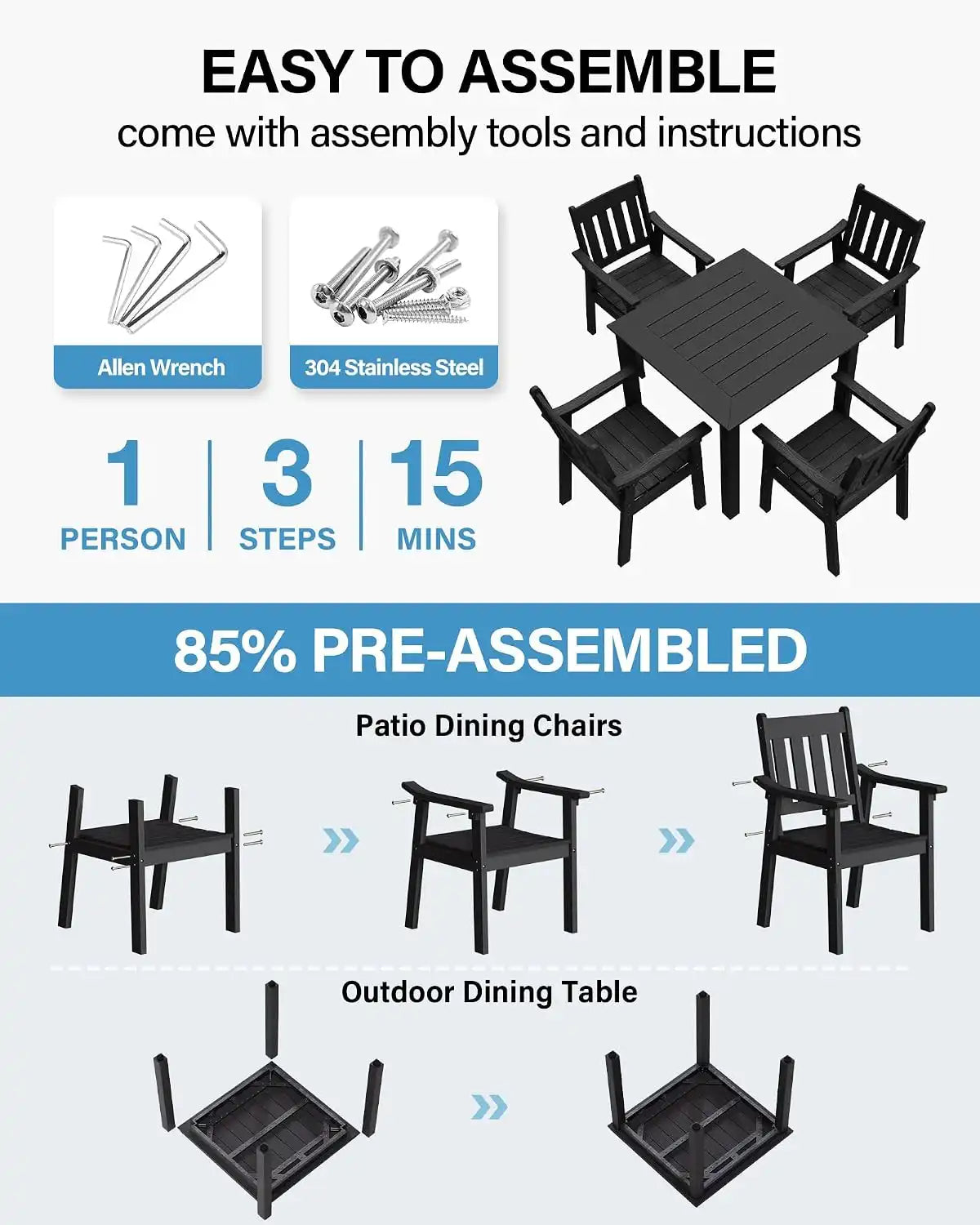 YEFU Patio Table Set for 4, All-Weather HIPS, Metal Aluminum Frame, Black