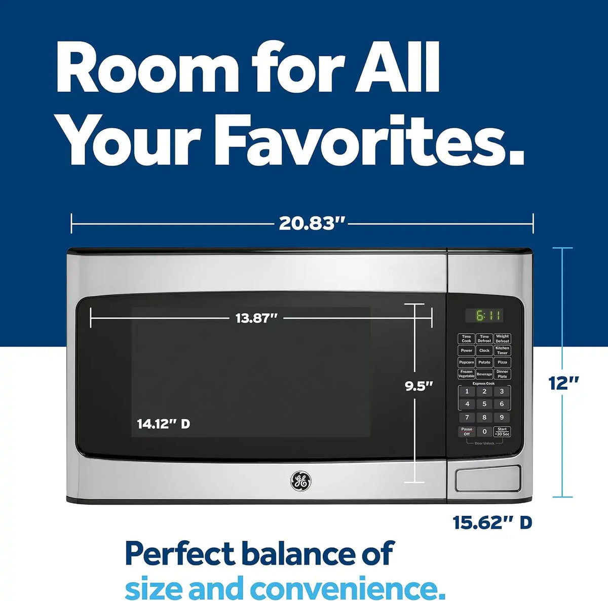 GE Countertop Microwave Oven, 950 Watt, 1.1 Cu. Ft., Stainless Steel