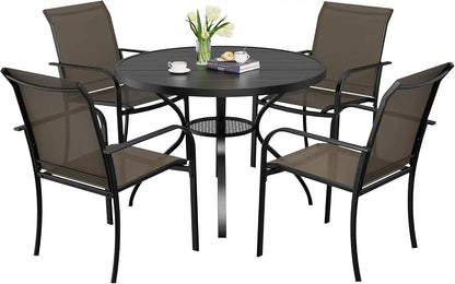 SUNCROWN 5 - Piece Outdoor Dining Set, Patio Furniture Set with 4 x Textilene Dinning Chairs and 41" Metal Round Table with Umbrella Hole for Lawn Garden Backyard Deck, Brown