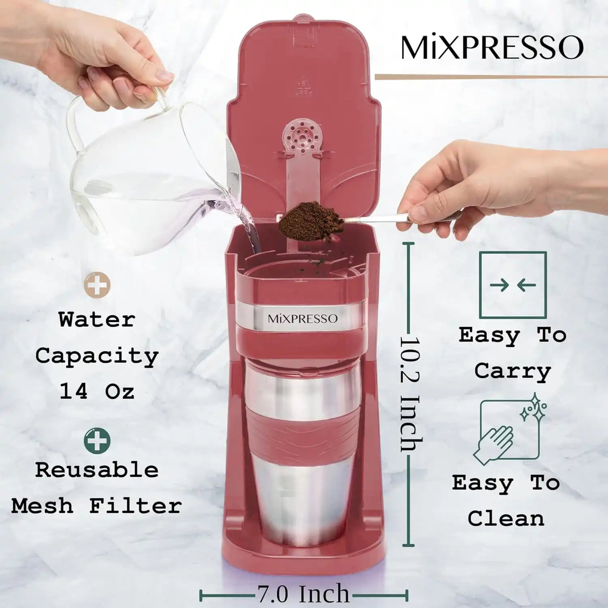 Mixpresso Single Serve & Single Cup Coffee Maker with 14oz Travel Mug Red