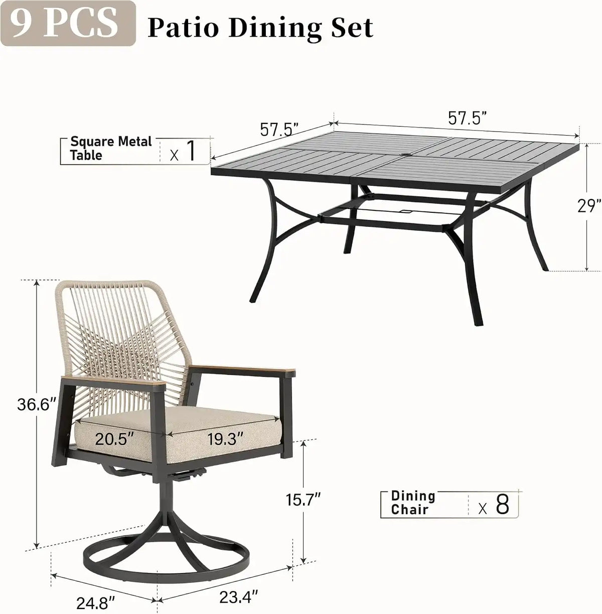 SUNSHINE VALLEY 9pc Patio Dining Set, 57.5" Square Table & 8 Swivel Chairs