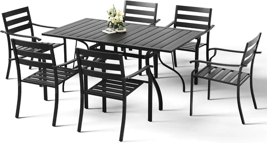 HOMREST 7 Piece Outdoor Patio Dining Set for 6, 63" Rectangular Metal Table with Umbrella Hole and Storage Shelf, Stackable Steel Chairs, Large Patio Furniture Set for Deck/Backyard/Poolside/Garden