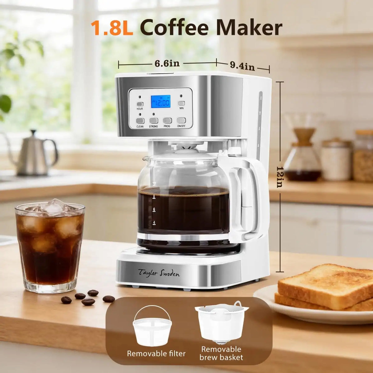 Taylor Swoden 12-Cup Programmable Coffee Maker, White & Stainless Steel