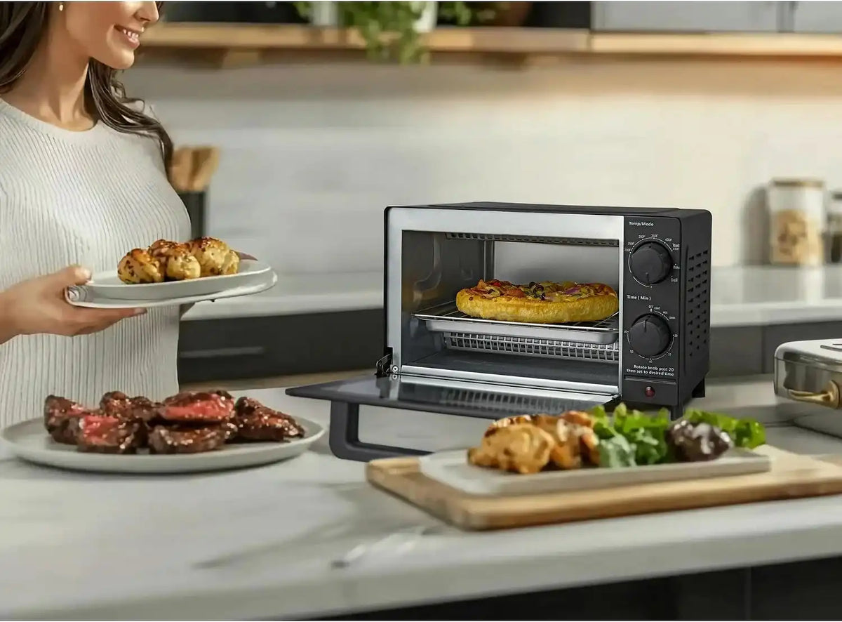 Mainstay Toaster Oven Combo Kitchen Appliances, Fits 9” Pizza, 4 Slice Capacity, Powerful Circulation, Auto Shutoff, Includes Baking Rack Pan Quartz, up to 60 Min, Easy Clean (Black)