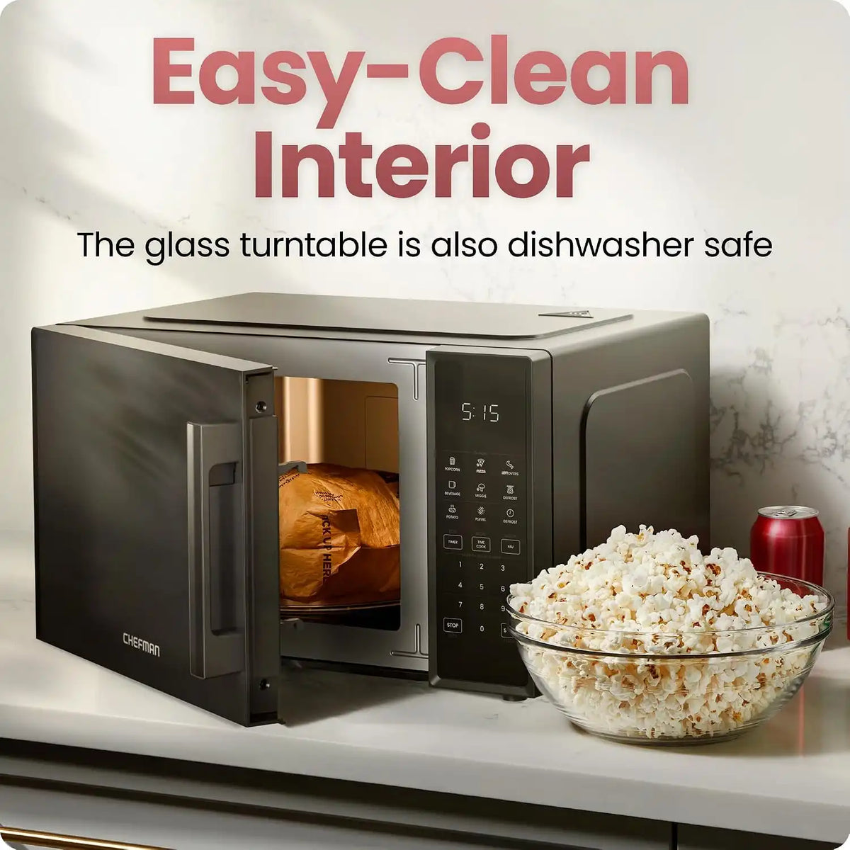 Chefman Countertop Microwave Oven 0.9 Cu. Ft., 900 Watts with 10 Power Levels, 6 Cooking Presets with One-Touch Express Cook, Eco Mode, Child Safety Lock, & Mute Button - Black