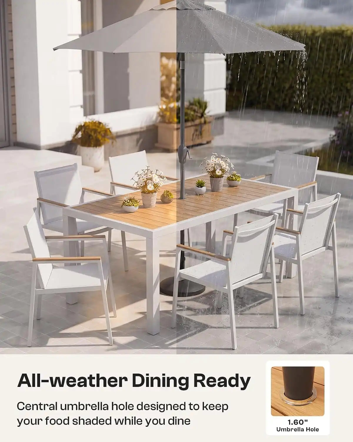 Outdoor Dining Set, 7 Piece Aluminum Patio Table and Chairs Set, All Weather Patio Dining Furniture Set with Umbrella Hole for Backyard, Deck, Poolside (White-Teak)