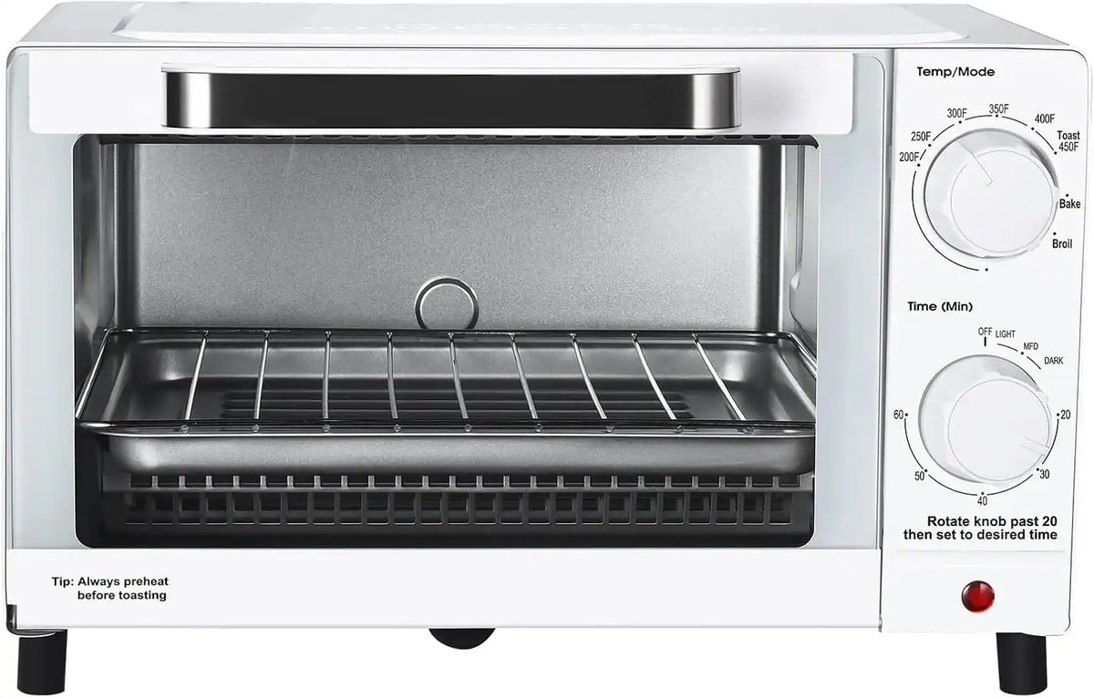 Mainstay Toaster Oven Combo Kitchen Appliances, Fits 9” Pizza, 4 Slice Capacity, Powerful Circulation, Auto Shutoff, Includes Baking Rack Pan Quartz, up to 60 Min, Easy Clean (Arctic White)
