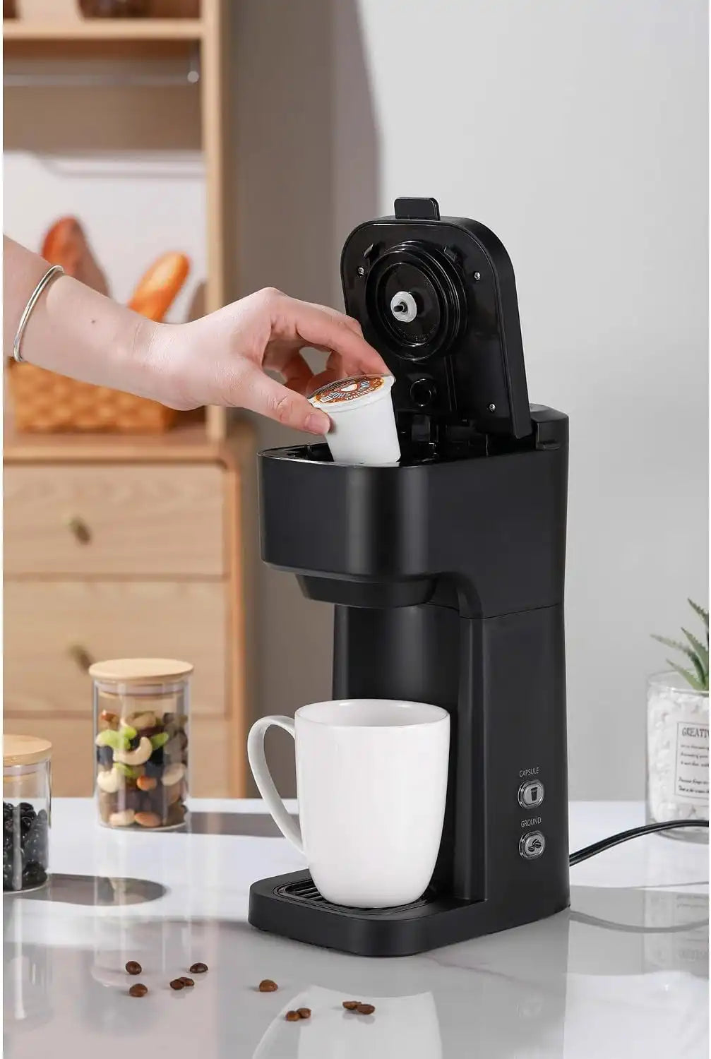 Compact Single Serve Dual Brew Coffee Maker - Compatible with Ground Coffee or K-Cups Pods | Adjustable Cup Size | Home & Office Coffee Brewer