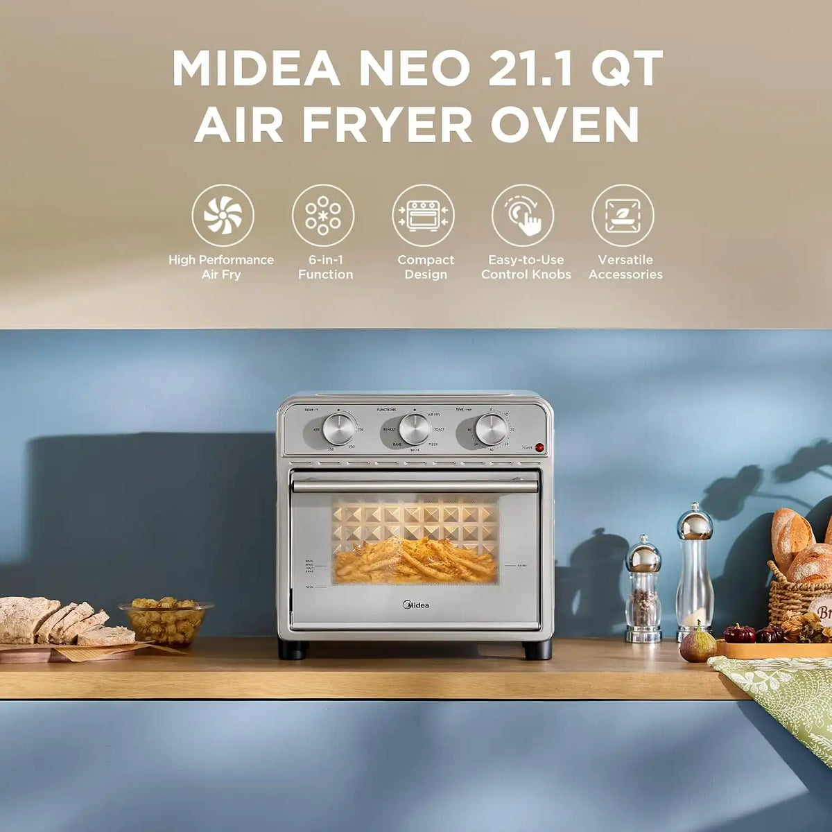 Midea Neo Air Fryer Toaster Oven Combo, 21.1 Quarts, Stainless Steel