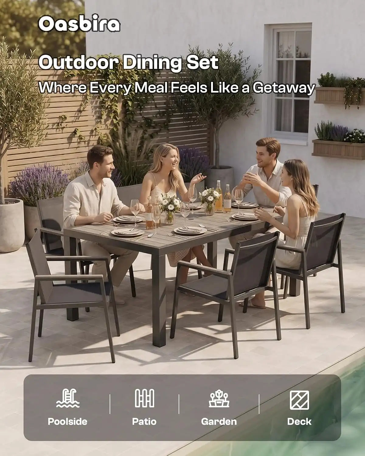 Outdoor Dining Set, 7 Piece Aluminum Patio Table and Chairs Set, All Weather Patio Dining Furniture Set with Umbrella Hole for Backyard, Deck, Poolside (Gray)