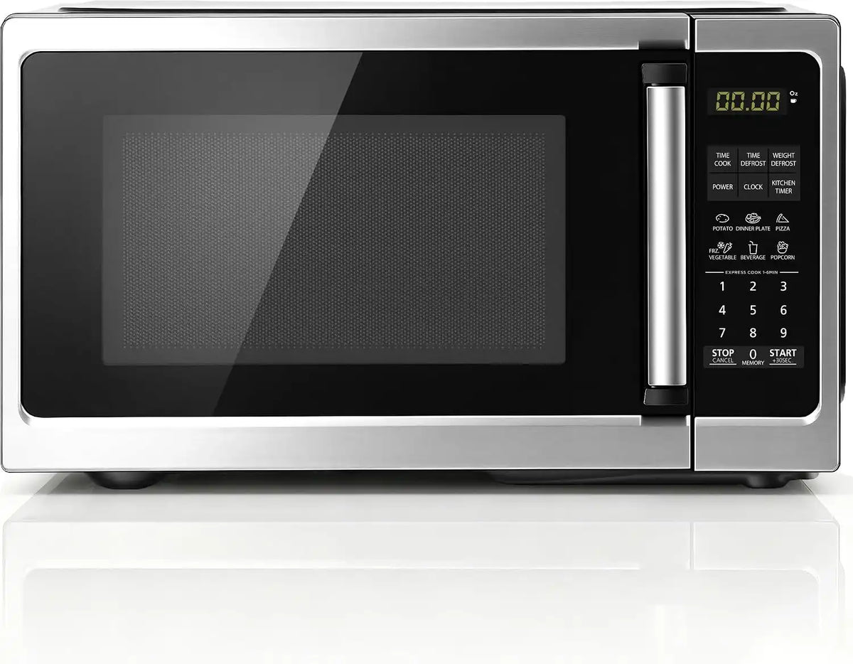 Countertop Microwave Oven 0.9 Cu. Ft, 900W Small Compact Microwave with LED Lighting, 6 Auto Menus, Turntable, Child Lock, Easy-Clean, Memory Function for Families, Apartments, Dorm, Stainless Steel