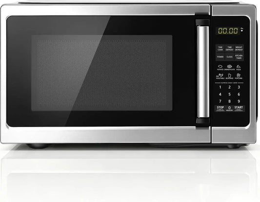 Countertop Microwave Oven 0.9 Cu. Ft, 900W Small Compact Microwave with LED Lighting, 6 Auto Menus, Turntable, Child Lock, Easy-Clean, Memory Function for Families, Apartments, Dorm, Stainless Steel