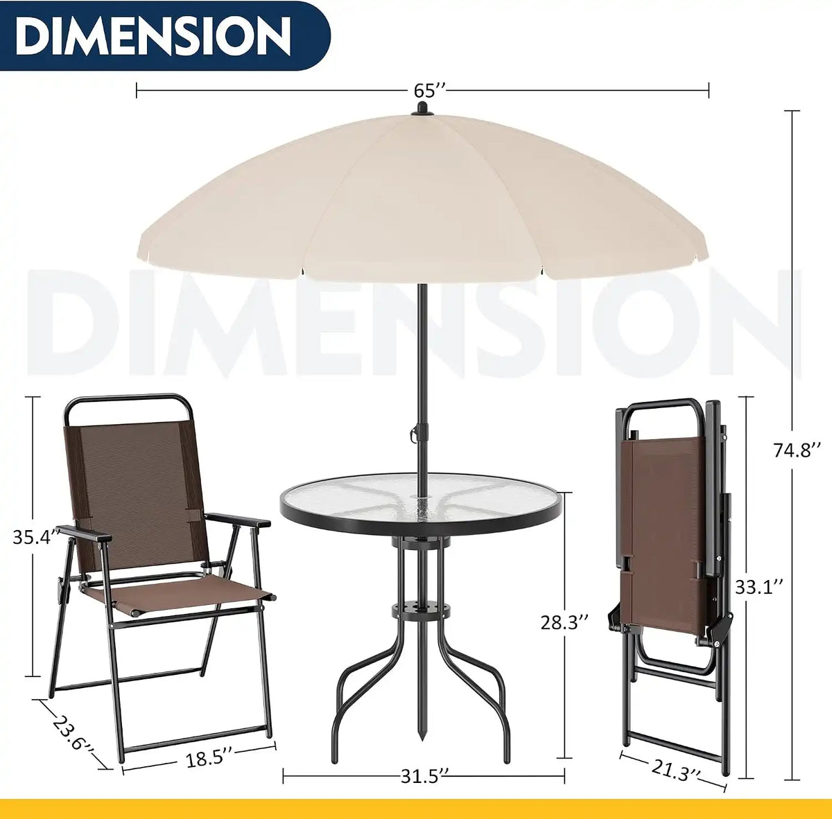 Shintenchi 6 Piece Patio Dining Set with Umbrella, Outdoor Furniture Set with 4 Folding Chairs and Tempered Glass Top Dining Table for Lawn Backyard Garden Porch, Brown and Beige