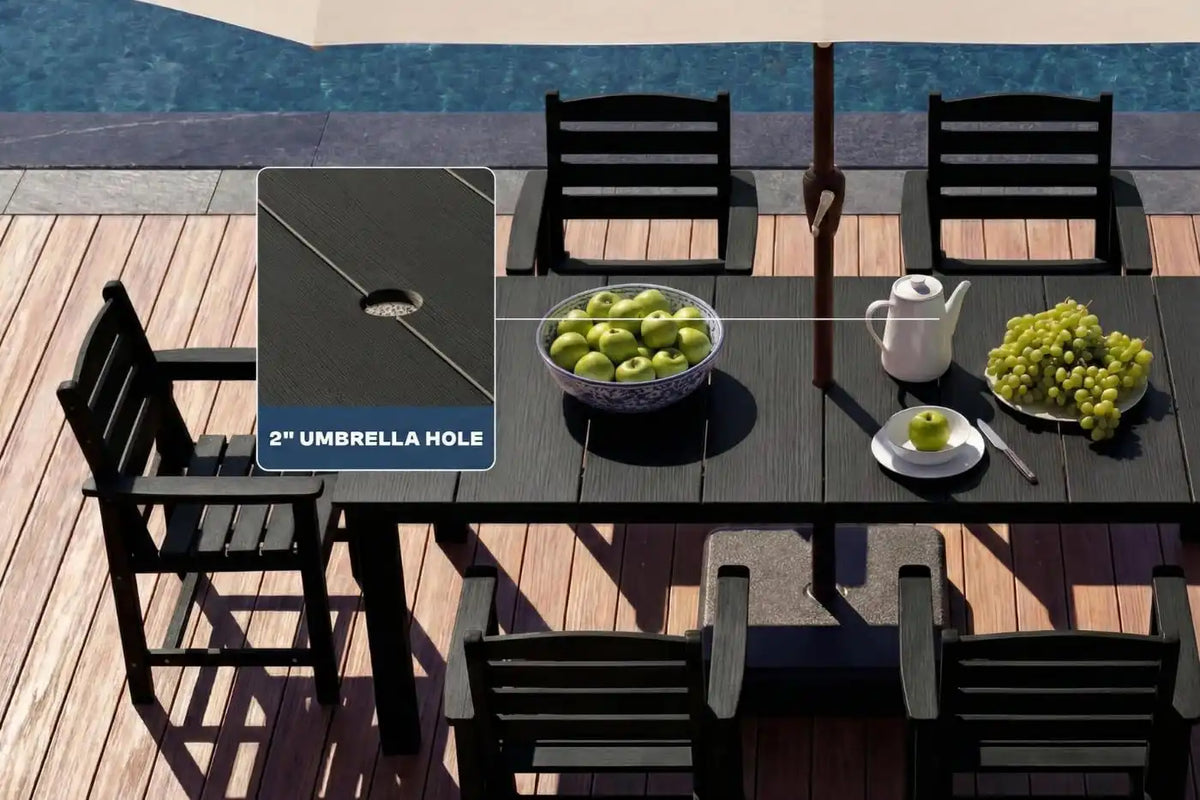Perli™ 7-Piece Outdoor Dining Set, All-Weather HDPE Patio Furniture with 6 Ergonomic Chairs & Large Table, Built-in Umbrella Hole, UV-Resistant Set for Backyard, Deck, Poolside, Black