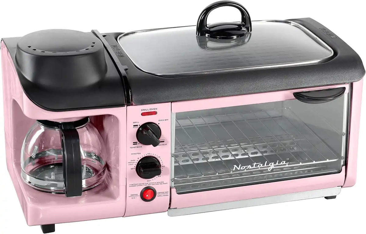 Nostalgia 3-in-1 Breakfast Station - Includes Coffee Maker, Non-Stick Griddle, and 4-Slice Toaster Oven - Versatile Breakfast Maker with Timer - Pink