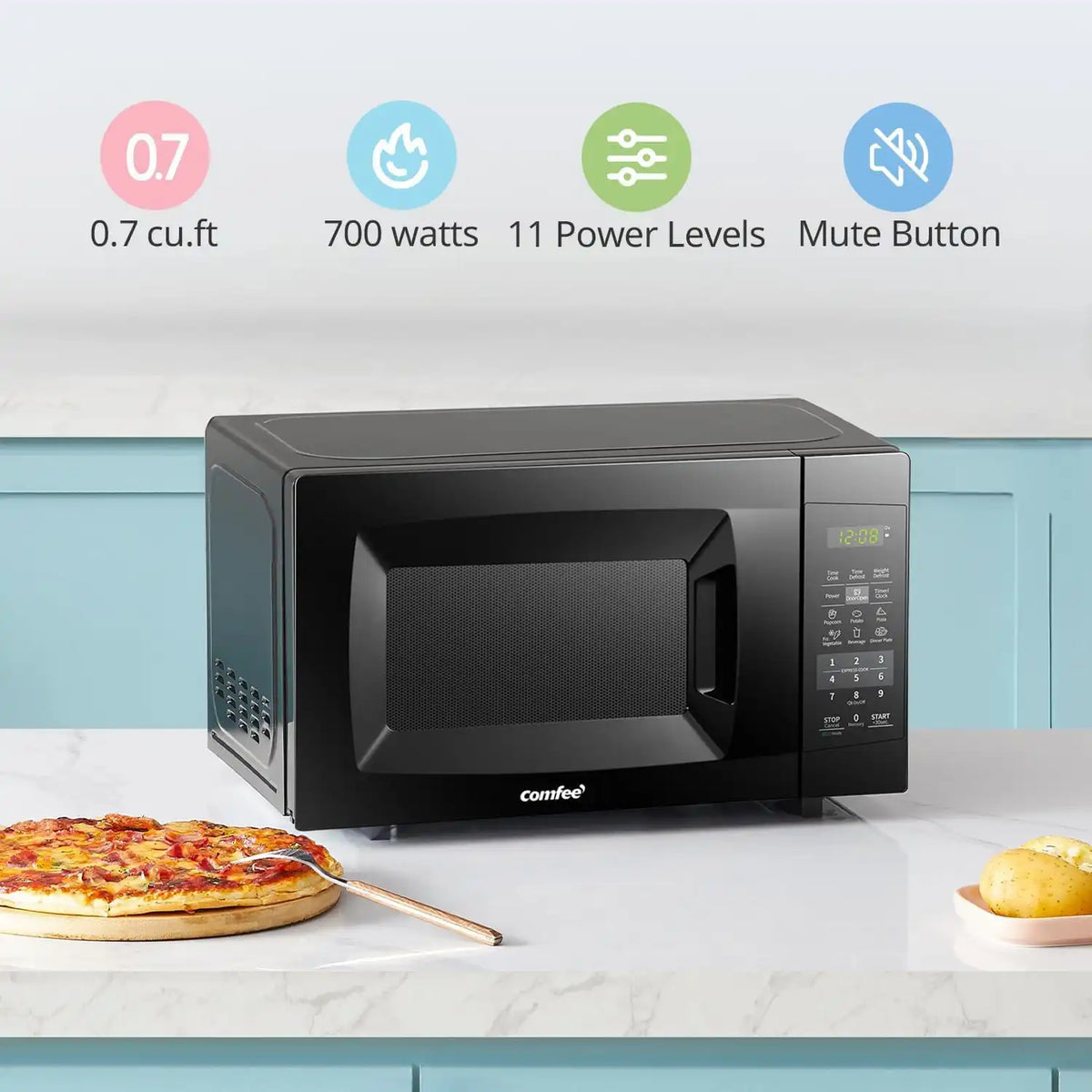 COMFEE' Countertop Microwave Oven, 0.7 Cu.Ft, 700W, Black, ECO Mode