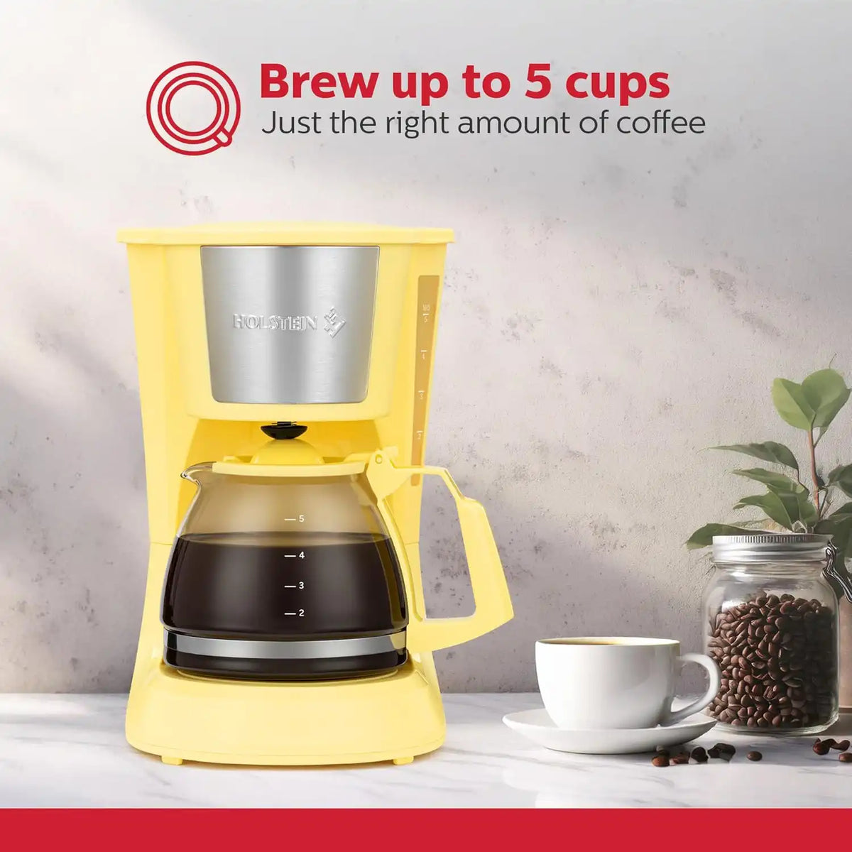 Holstein Housewares - 5 Cup Drip Coffee Maker - Convenient and User Friendly with Permanent Filter, Borosilicate Glass Carafe, Water Level Indicator, Auto Pause/Serve and Keep Warm Functions,Yellow