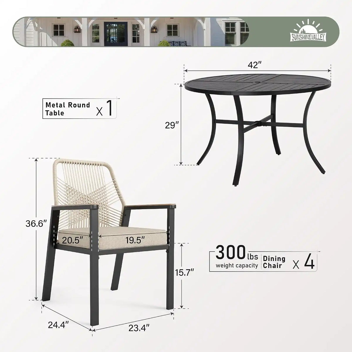 SUNSHINE VALLEY 5pc Patio Dining Set, 42" Round Table & 4 Rattan Chairs